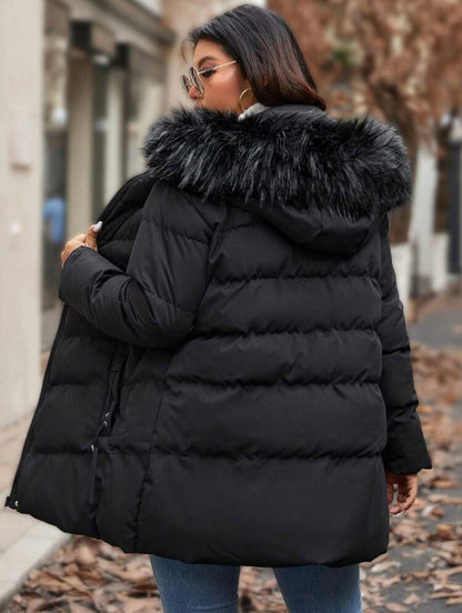 Manteau matelassé à capuche asymétrique avec col amovible en fourrure, manches longues, de longueur moyenne et matelassé, pour vêtements d'hiver, grande taille