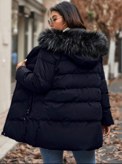 Manteau matelassé à capuche asymétrique avec col amovible en fourrure, manches longues, de longueur moyenne et matelassé, pour vêtements d'hiver, grande taille