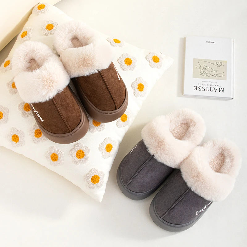 Queeyhome Winter Women Flat-Bottomed Plush Commute Solid Color Versatile Cotton Slippers Warm Cozy Indoor-Outdoor Man Shoes