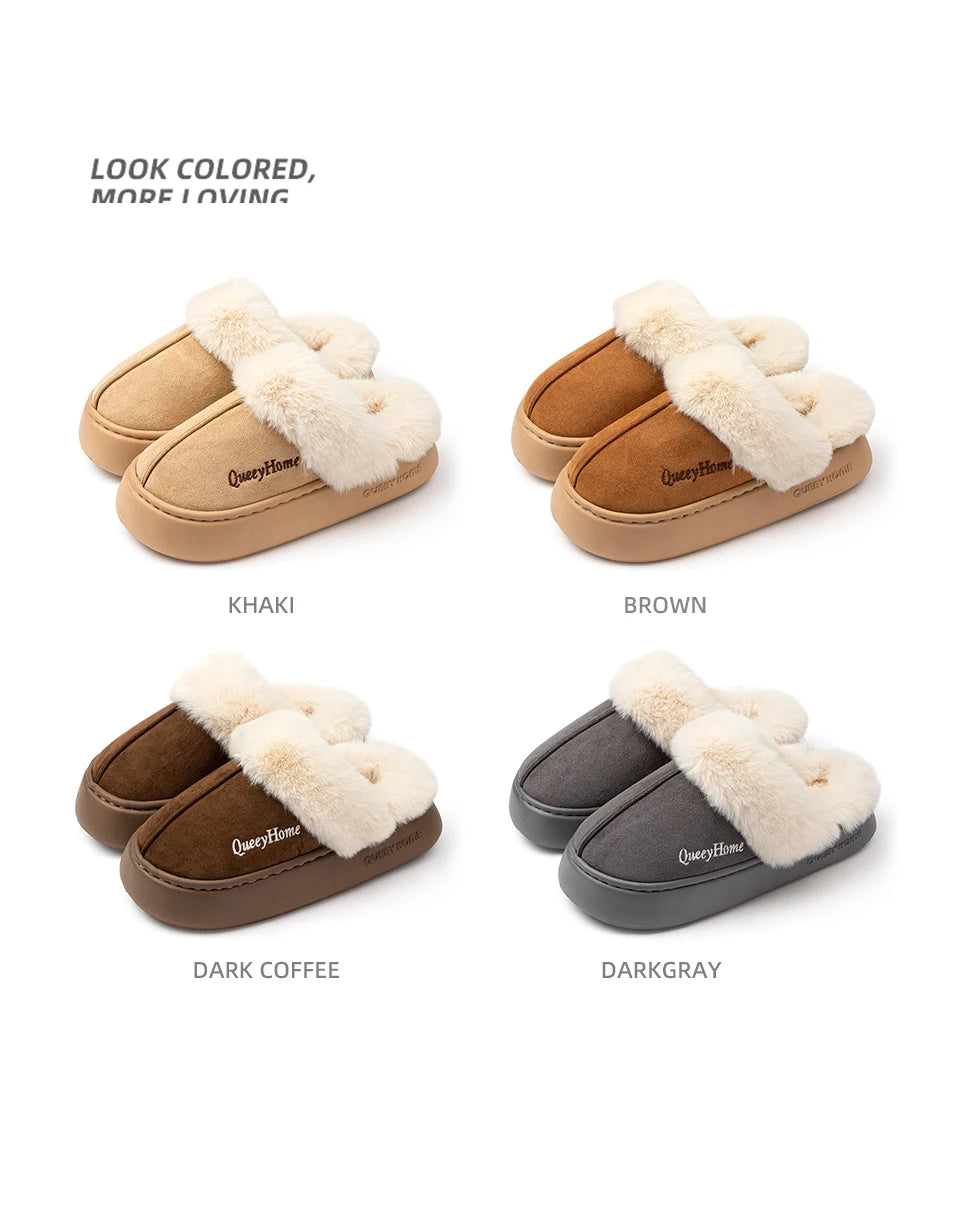 Queeyhome Winter Women Flat-Bottomed Plush Commute Solid Color Versatile Cotton Slippers Warm Cozy Indoor-Outdoor Man Shoes