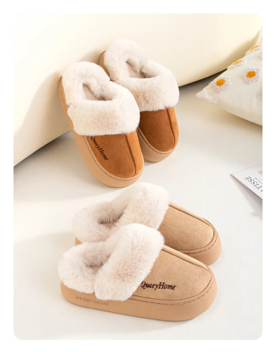 Queeyhome Winter Women Flat-Bottomed Plush Commute Solid Color Versatile Cotton Slippers Warm Cozy Indoor-Outdoor Man Shoes