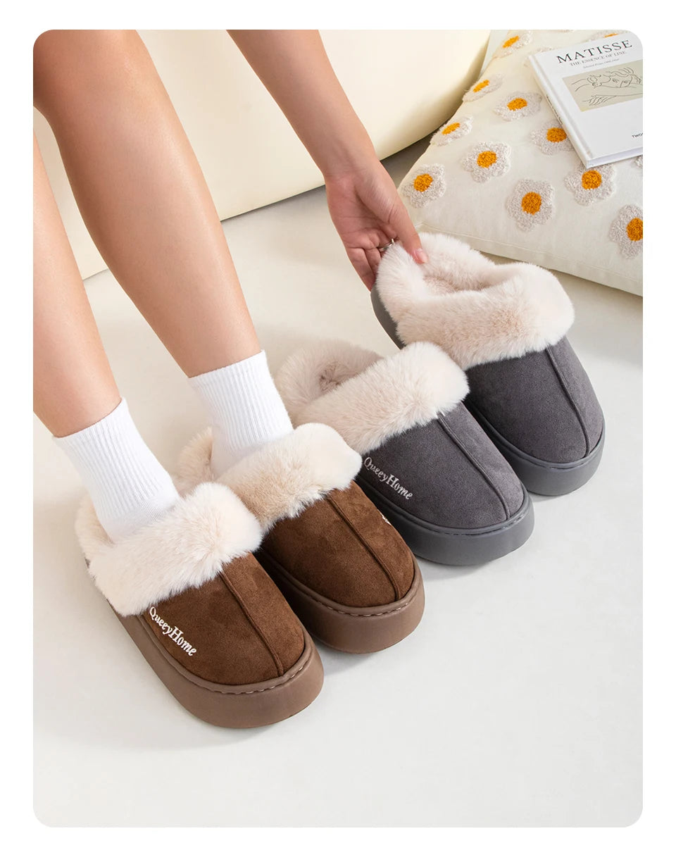 Queeyhome Winter Women Flat-Bottomed Plush Commute Solid Color Versatile Cotton Slippers Warm Cozy Indoor-Outdoor Man Shoes