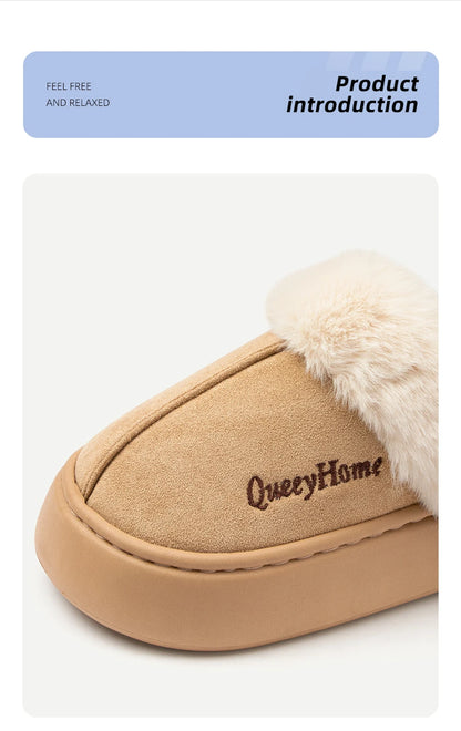 Queeyhome Winter Women Flat-Bottomed Plush Commute Solid Color Versatile Cotton Slippers Warm Cozy Indoor-Outdoor Man Shoes