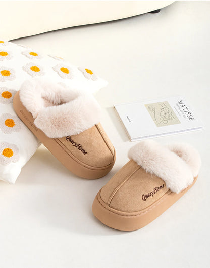 Queeyhome Winter Women Flat-Bottomed Plush Commute Solid Color Versatile Cotton Slippers Warm Cozy Indoor-Outdoor Man Shoes